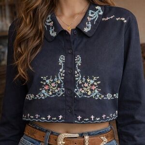 Cider Midnight Blue Embroidered Crop Buttoned Top